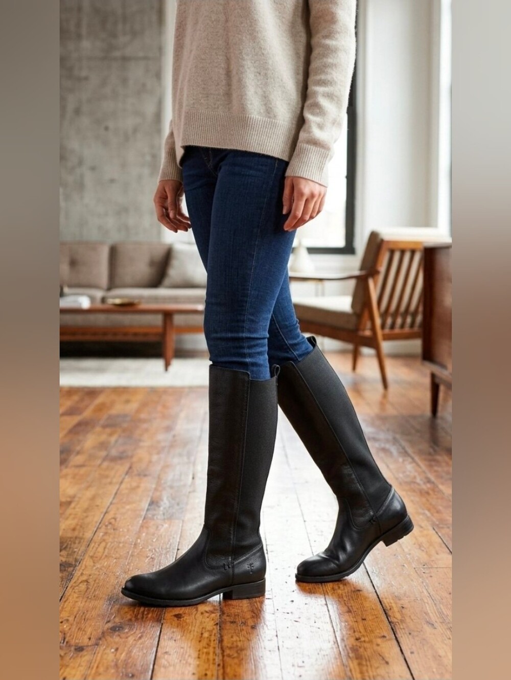 FRYE Molly Gore Tall Leather Riding Boots Black 7B